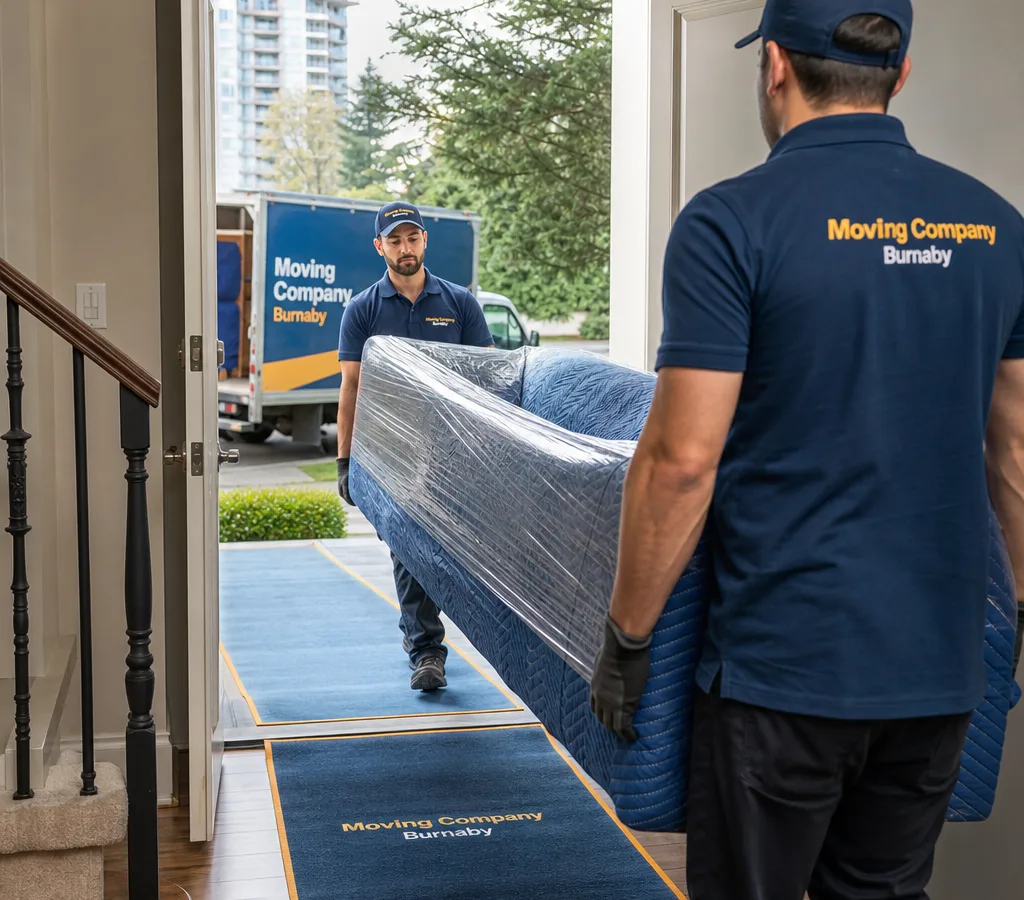 Two uniformed movers carrying a wrapped sofa through a protected doorway in a Burnaby home
