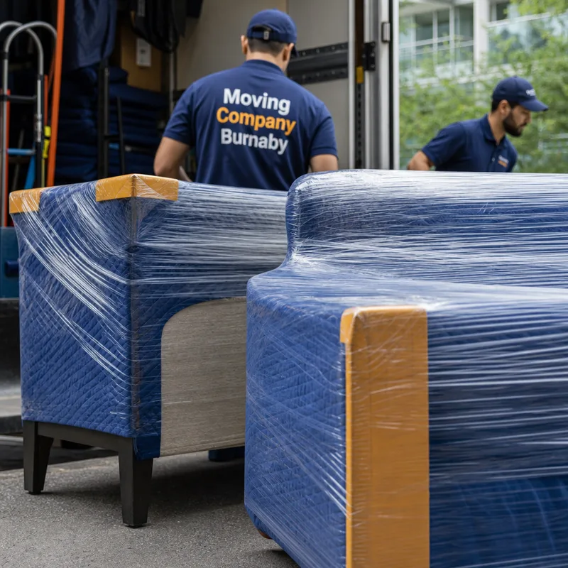 Couch and dining table wrapped in moving blankets and stretch wrap with corner protection before loading