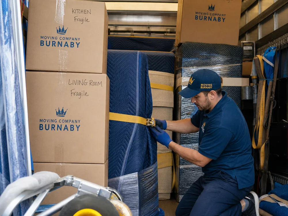 Moving truck packed with strapped furniture and labelled boxes, with heavy and fragile items properly separated