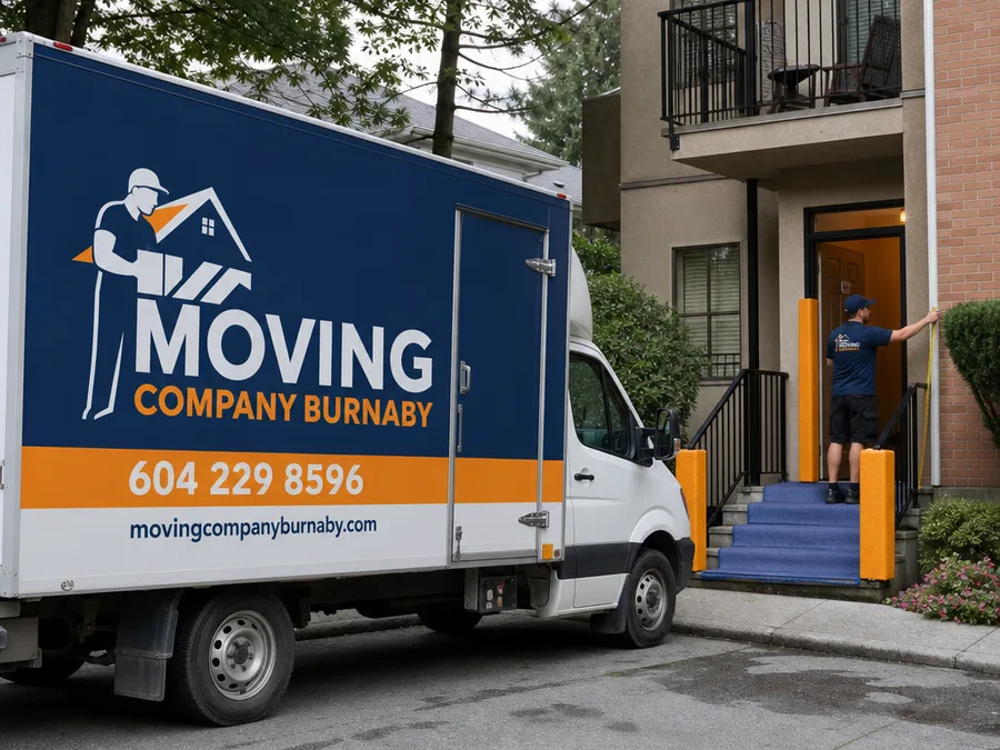 Mover measuring stairwell clearance and installing corner and floor protection