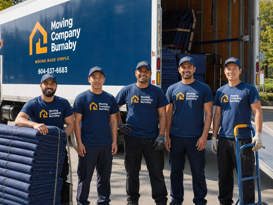 Uniformed moving team beside a clean truck in Burnaby with blankets and dollies ready